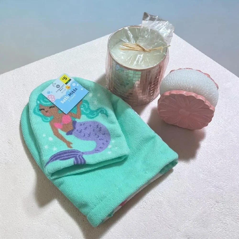 Bathroom Decor Bundle, Coastal Bathroom, Mermaid Bath Mitts, Candle, Soap Dish